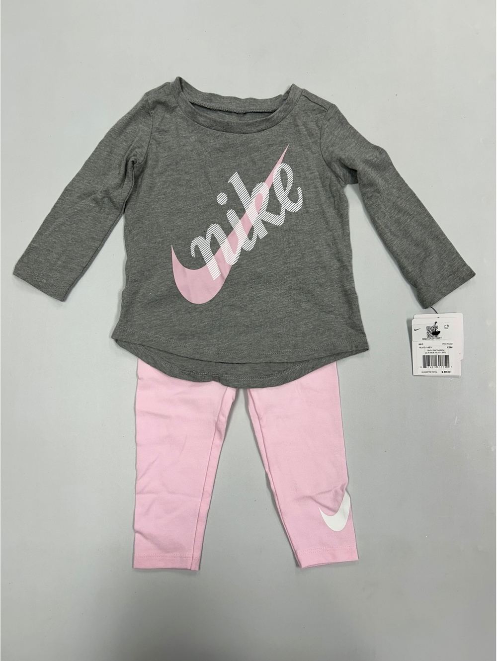 Nike Toddler Girls' Two-Piece Outfit with Gray Long Sleeve Top and Pink Leggings